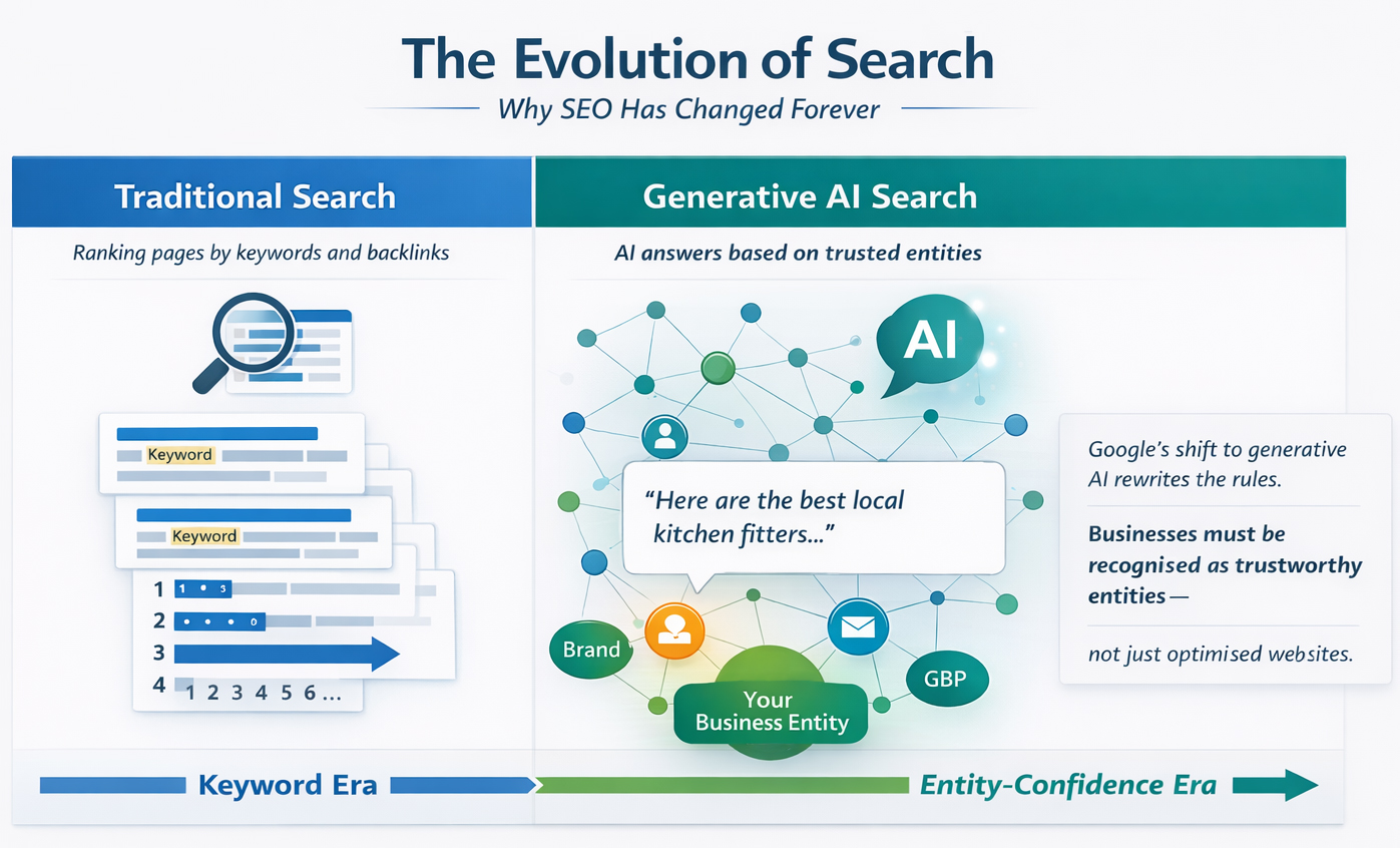 Diagram explaining how Google search has evolved from traditional keyword-based SEO to generative AI search that recommends businesses as trusted entities. The image shows the shift from ranking web pages to evaluating business entities using authority, verification, trust, and consistency signals. Created to help organisations understand how generative AI systems decide which businesses to recommend.