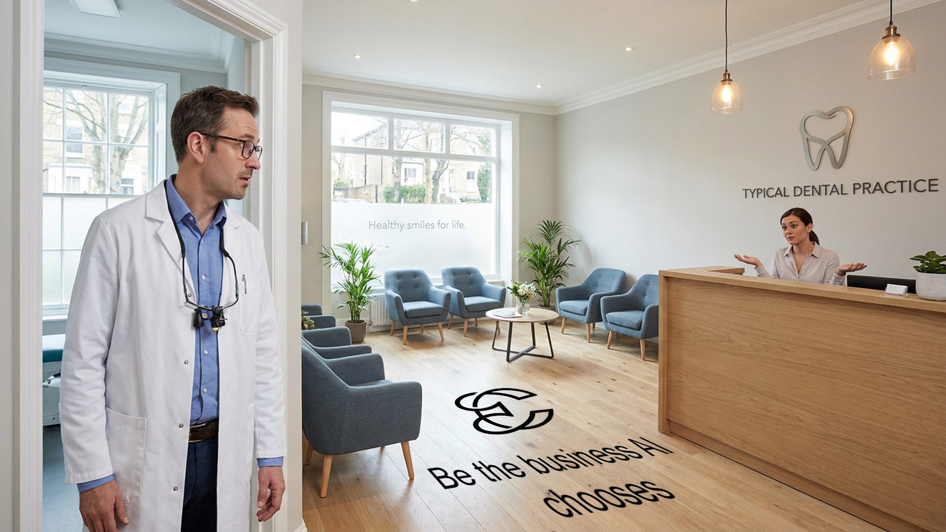 A dentist looks into an empty waiting room while the receptionist shrugs. On the floor, the Entity Confidence logo and the words ‘Be the business AI chooses’.